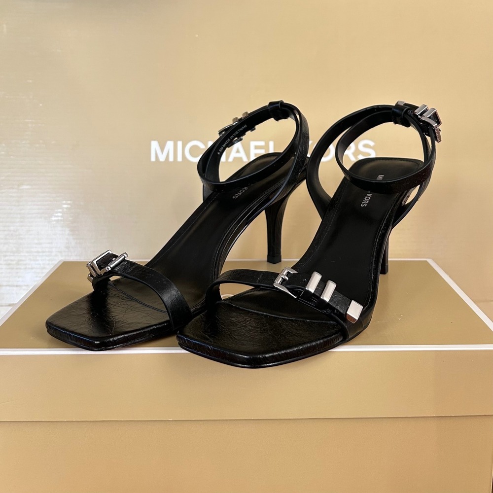 Michael Kors Darrington Black Leather Stiletto Heel Sandals Square Toe 6.5M